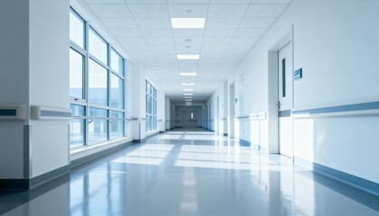 Empty Hospital Hallway with Natural Light Streaming Through Windows, Modern Architecture and Clean Environment