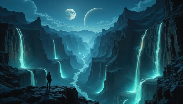 Majestic View of a Luminous Canyon with Waterfall