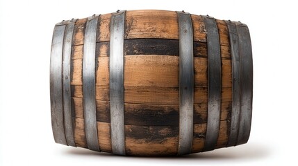 A rustic wooden barrel features distinctive metal bands, ideal for conveying themes of tradition, craftsmanship, or storage, It fits well in publications on brewing, aging spirits, or rustic decor,