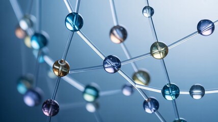 3D Molecular Network Structure with Colorful Spheres on Blue Background