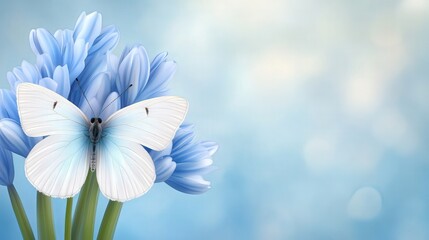 A delicate white butterfly rests on blue flowers against a soft, dreamy backdrop, This serene image can be used for blogs, websites, or marketing materials focused on nature, beauty, or tranquility,