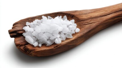 Naklejka premium A close-up of coarse salt displayed in a wooden spoon on a clean, white background, This image can be used in culinary contexts, food blogs, or products emphasizing natural ingredients,