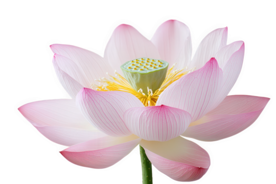 Delicate pink lotus flower with green center isolated on transparent background