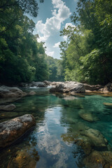 Illustration Tropical River and Rainforest with Clear Water