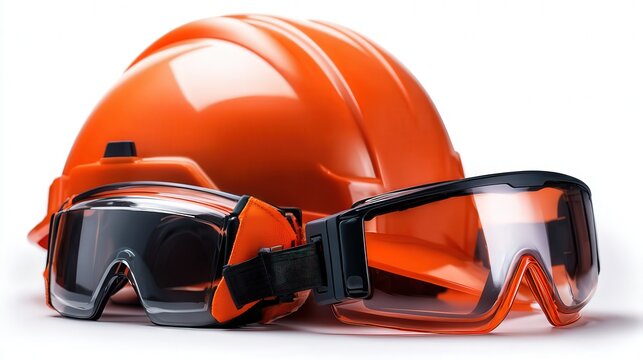 A close-up of an orange hard hat and safety goggles, ideal for workplace safety, construction, or industrial use, This image highlights personal protective equipment essential for worker safety,