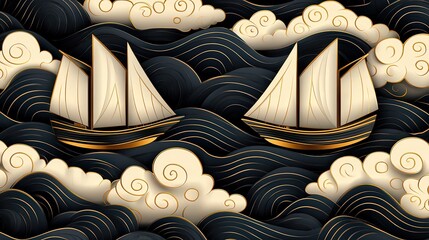 A stylized illustration featuring two sailboats amidst stylized waves and clouds, ideal for maritime themes, travel promotions, or artistic projects, It creates a serene and dynamic atmosphere,