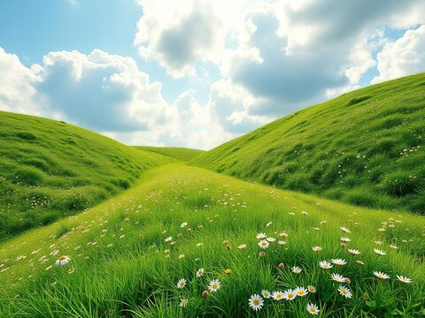 Beautiful green valley with rolling hills covered in grass and white daisies under blue sky with fluffy white clouds pastoral landscape