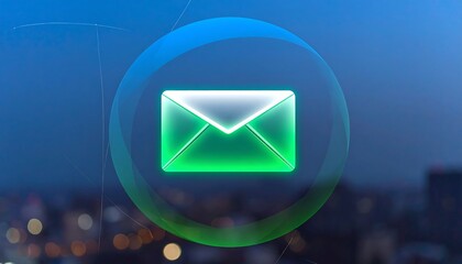 Modern email icon, cityscape backdrop