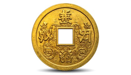Detailed close-up of a golden antique Chinese coin, showcasing intricate designs and characters.