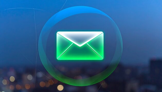 Modern email icon, cityscape backdrop