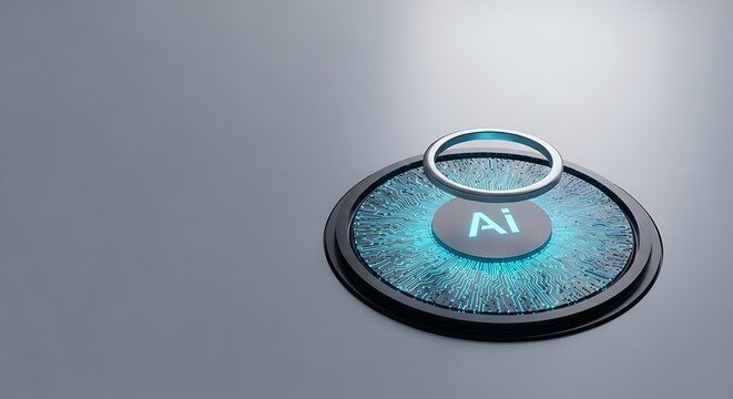 Futuristic AI chip with glowing circuit board and metallic ring symbolizes innovation and technological advancement - Powered by Adobe