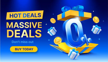 Hot deals promotion banner with 0% discount, opened collapsed gift boxes, coins, and bold sale text, isolated on deep blue background. 3d vector illustration. Vector illustration