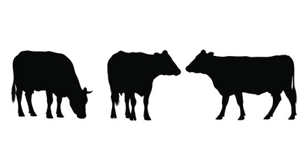 Three silhouetted cows standing and grazing farm animals livestock herd wildlife vector