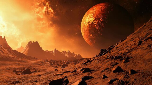 Orange-tinted mountainous alien landscape with large planet in sky