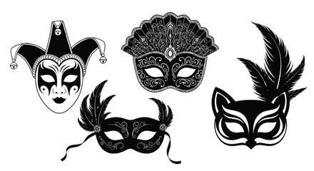 Collection of decorative masquerade masks featuring jester and feathered designs for venetian carnival vector