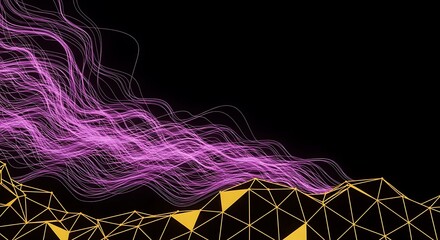 Dynamic abstract design with flowing pink lines and geometric shapes on black background