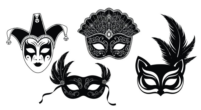 Collection of decorative masquerade masks featuring jester and feathered designs for venetian carnival vector
