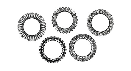 Five detailed ornate circular metal components isolated on a white canvas vector