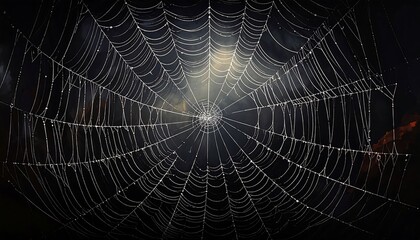 Fototapeta premium A detailed spiderweb, glistening with dew drops, radiates outward from its center, creating a complex and intricate design against a dark background.