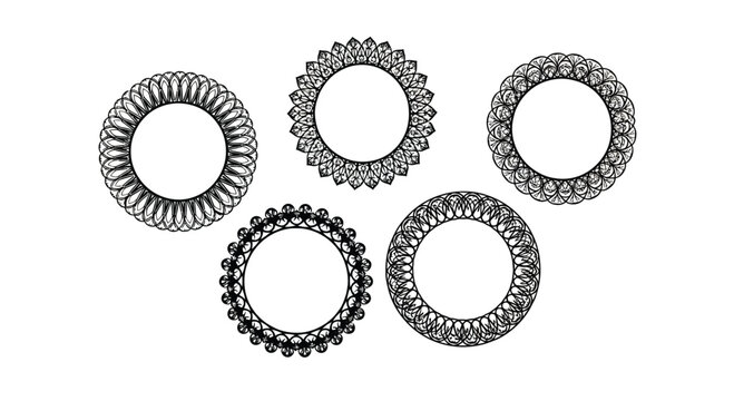 Five detailed ornate circular metal components isolated on a white canvas vector