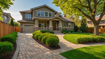 A charming green house with a wide porch surrounded by lush gardens on a sunny day, showcasing a serene suburban neighborhood