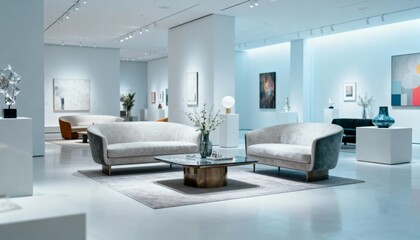Fototapeta premium Modern Art Gallery Interior Featuring Contemporary Furniture and Artwork in a Minimalist Design Aesthetic