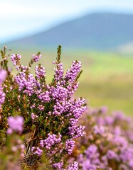 Close-up of pink heather blossoms against a blurred mountain backdrop