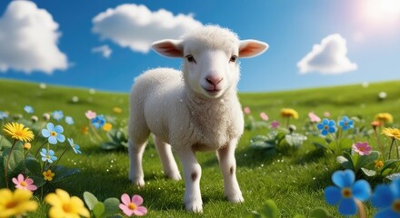Obraz premium A playful lamb exploring a vibrant flower-filled meadow during a sunny spring afternoon