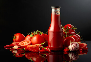 Bottle of tomato sauce with fresh tomatoes, red peppers, and garlic.