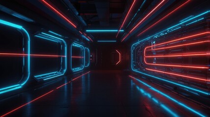 Fototapeta premium Futuristic Red and Blue Neon Light Stripes. Sci-Fi Digital Backdrop.