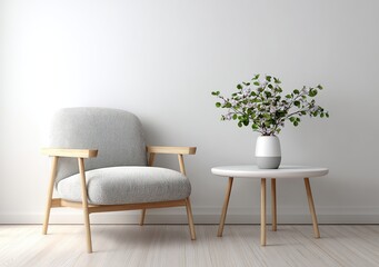 A bright and minimalist room featuring an armchair and a small round table, suitable for interior design, home product promotion, and design inspiration materials.