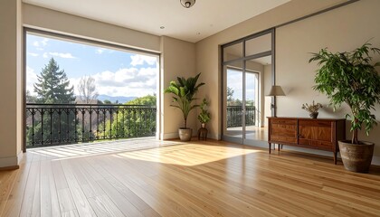 A spacious, sun-drenched room with large windows showcasing a scenic view of the outdoors.  The light-colored walls and wooden floors create a tranquil and bright ambiance, perfect for relaxation.
