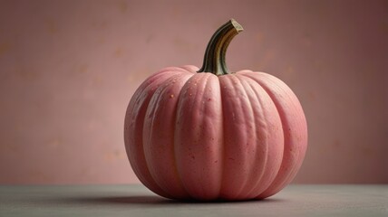 A single pink pumpkin sits elegantly on a wooden table against a soft pastel backdrop, showcasing autumn's charm