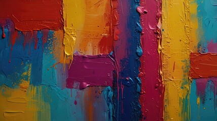 Vibrant abstract painting with thick textured strokes in various colors displayed on a canvas
