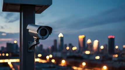 Surveillance Night Camera Overlooking City Street at Dusk. Urban Security Concept