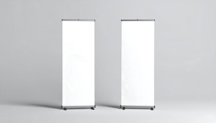 Two blank roll-up banners stand upright against a neutral backdrop, showcasing a simple, clean presentation design.
