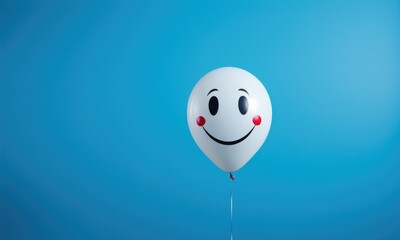 A cheerful smiling balloon floats gracefully against a blue background, bringing joy and happiness