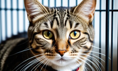 A close-up of a striped tabby cat resting inside a cage with a calm expression during the afternoon