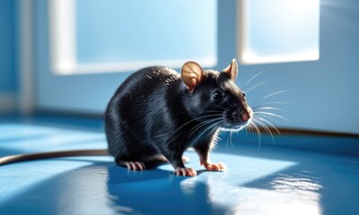 A close-up view of a small black rat exploring a brightly lit room during daytime