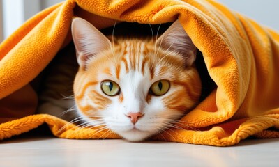 A cozy orange tabby cat relaxing under a soft orange blanket in a sunlit room during the afternoon