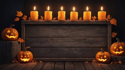 Wooden sign surrounded by glowing candles and bright pumpkins on dark background for autumn holiday Halloween.