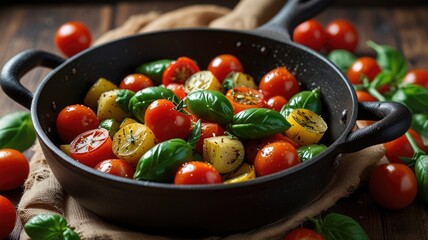 Fresh Tomato and Basil Saut&eacute;ed Vegetables in a Pan. Featuring Rustic Mediterranean Cuisine