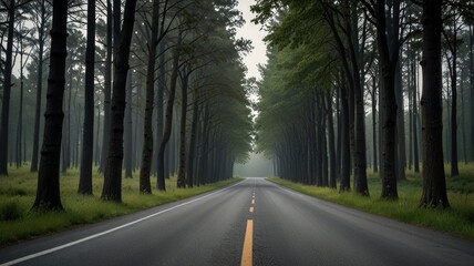 Serene Road Flanked by Trees on Either Side. A Tranquil and Peaceful Journey