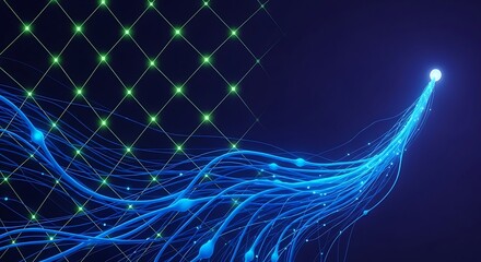 Dynamic data flow visualization with glowing blue lines and green grid, modern technology