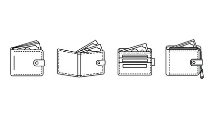Collection of four stylized wallets filled with cash sketches for financial and shopping themes vector