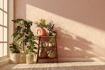 	A modern plant stand with mixed indoor plants, pastel toned walls with cozy warm-toned lighting 