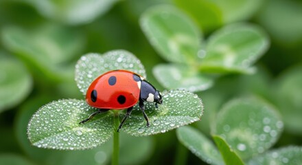 Obraz premium Close up of a bright red ladybug with black spots sitting on a dew covered green clover leaf