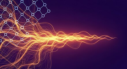 Dynamic digital network with glowing energy flow representing data transfer and innovation