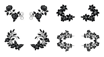 Elegant black floral corner accents set botanical flourish decorative elements vector