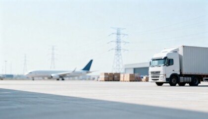 Blurred Logistics Hub Featuring Cargo Plane and Delivery Truck for Global Distribution and Transport